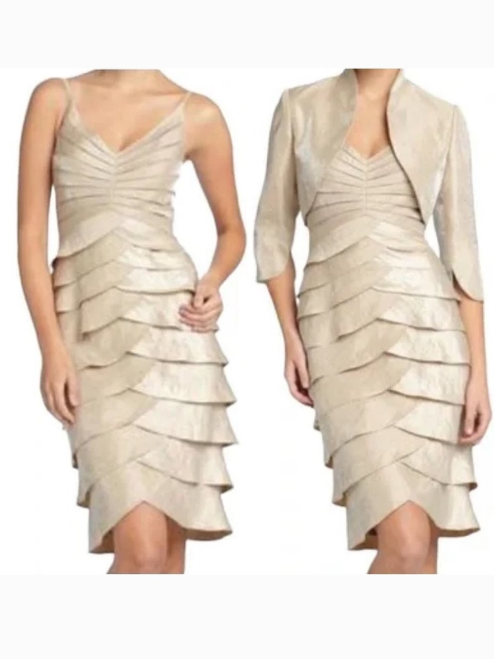 Adrianna Papell ChampagneTiered Hammered Satin Sheath Dress & Bolero Sz 4